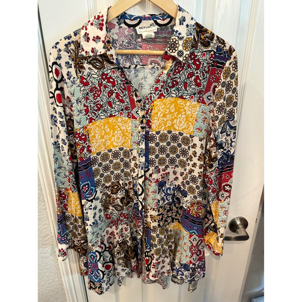 For The Republic Tunic Multicolor Patchwork Floral Paisley Rayon Button Down Top